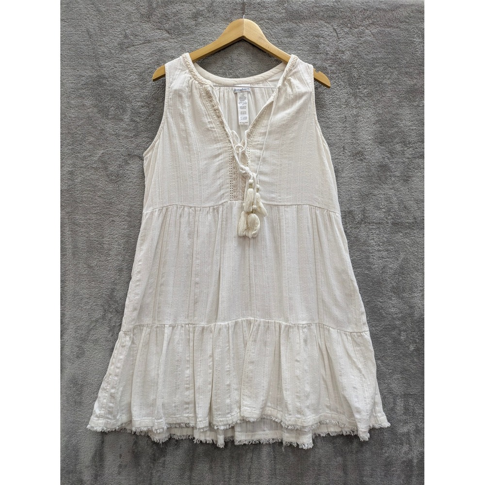 Boho Tiered Babydoll Dress Women L White Tommy Bahama Cotton Tassel Gauze Pocket